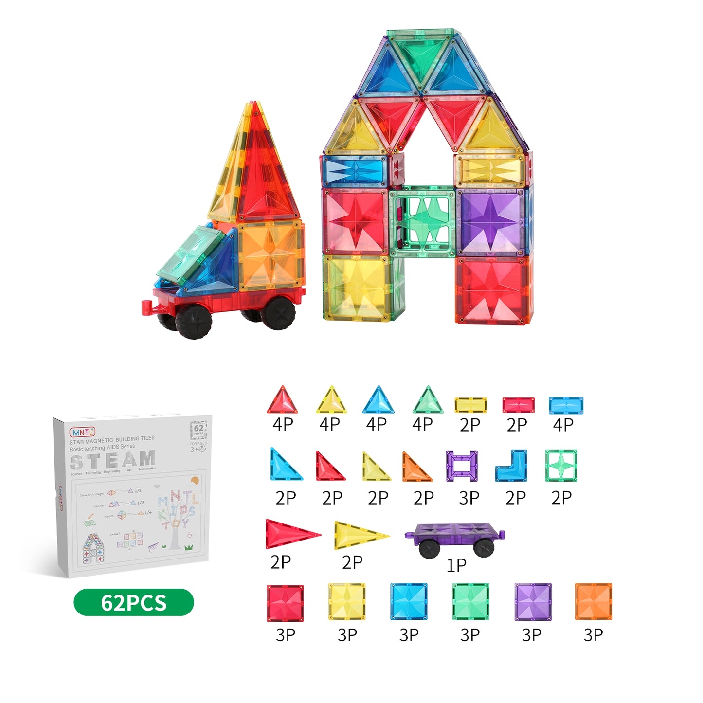 62pc Rainbow Magnetic Tiles Set