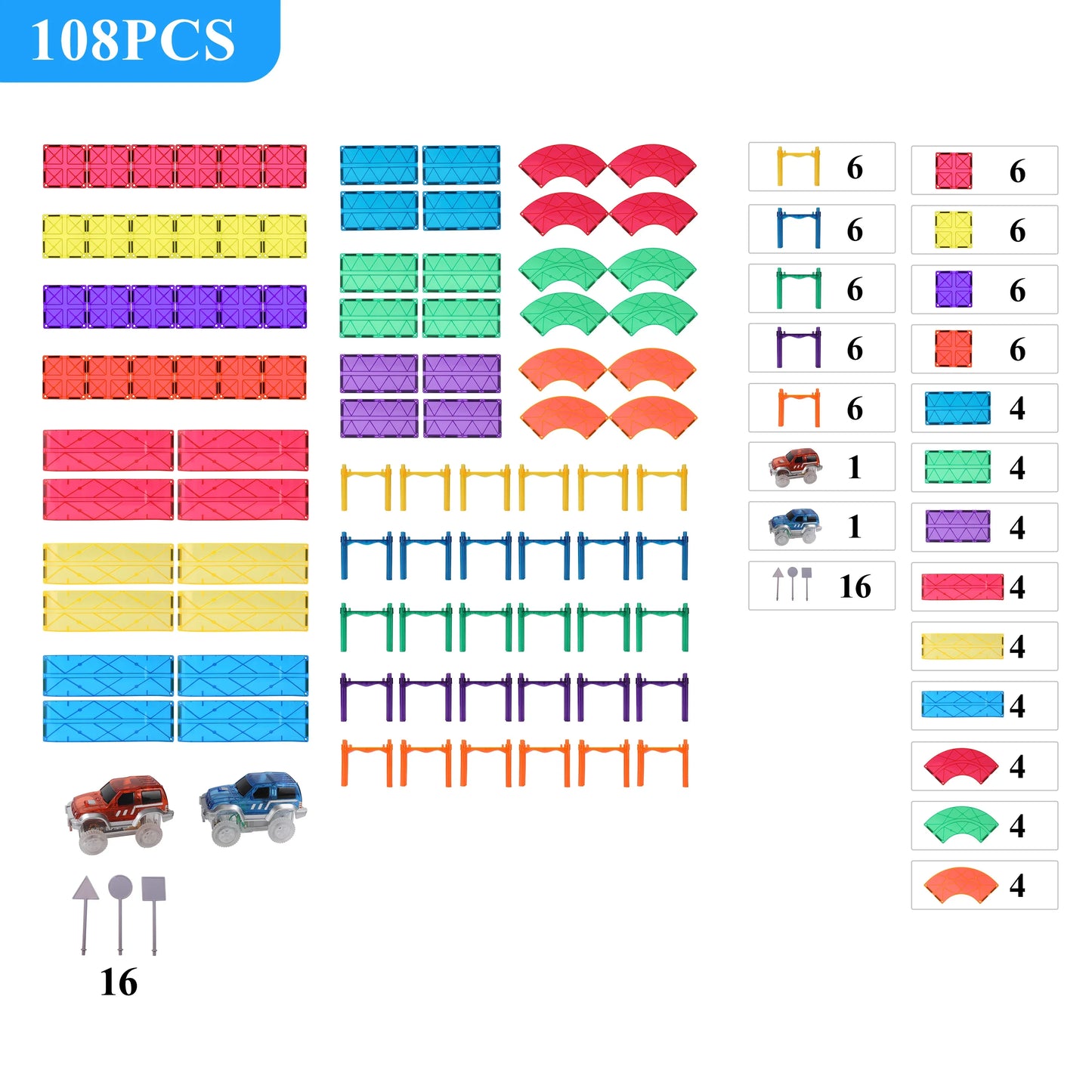 108pcs Car Track Tiles Rainbow Set