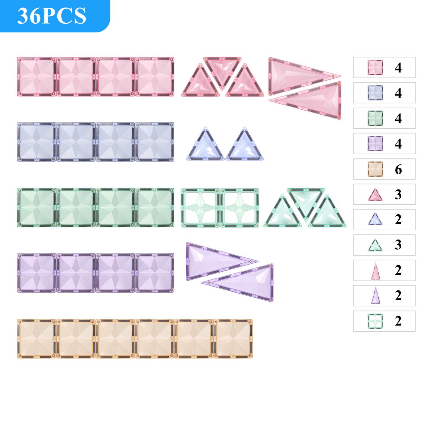 36pc Tiles Set (3 colour variants: Rainbow, pastel, ice)