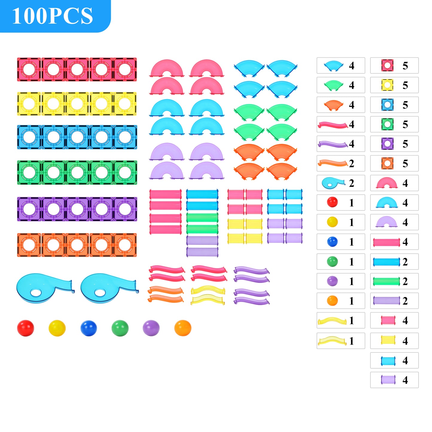 100pcs Rainbow Tubes Marble Run Set